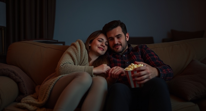 Couple snuggled up on the couch watching a movie with popcorn and blankets, creating a cozy atmosphere. This moment highlights the importance of spending quality time together to strengthen your relationship