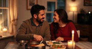 Couple cooking together in a cozy setting, smiling and enjoying quality time, to strengthen your relationship.