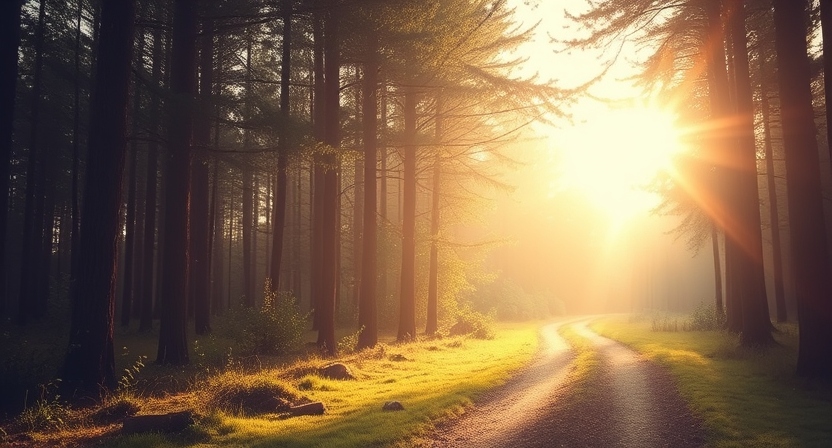 A serene forest path bathed in soft sunlight, symbolizing peace and emotional healing.