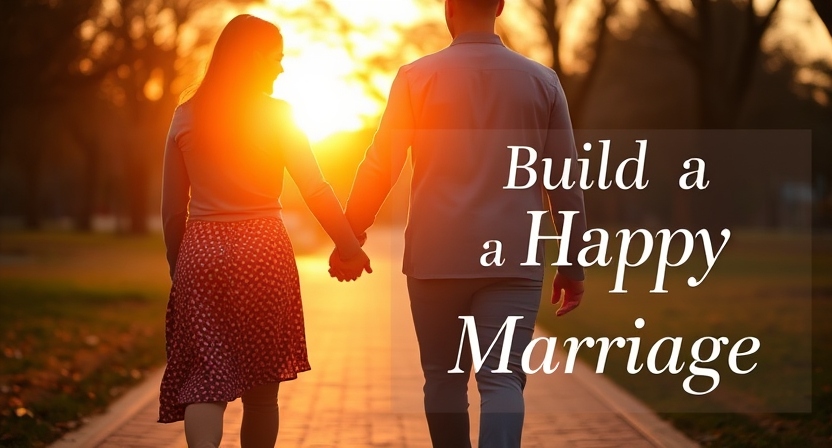 Couple holding hands while walking in a park during sunset, symbolizing love and togetherness, with text 'Build a Happy Marriage' in elegant font.