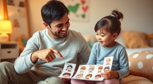 Parent teaching child emotional intelligence, an important component of effective parenting strategies for a healthy family life.