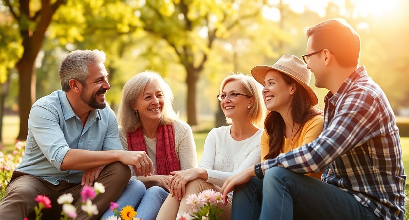 A happy family sitting in a park, engaging in meaningful conversation, symbolizing Building Support Networks.