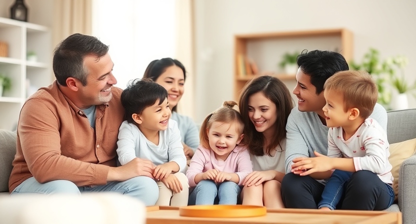 A happy family sitting together in a cozy living room, symbolizing harmony and conflict resolution strategies.